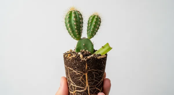 Bouture de cactus plantée dans un pot avec un substrat drainant, montrant de jeunes racines.