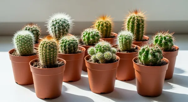 Collection de jeunes cactus issus de boutures, poussant dans des petits pots individuels.