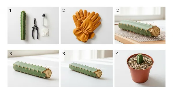 Une bouture de cactus en train de sécher sur une surface, avec des outils de jardinage et un pot de terreau en arrière-plan.