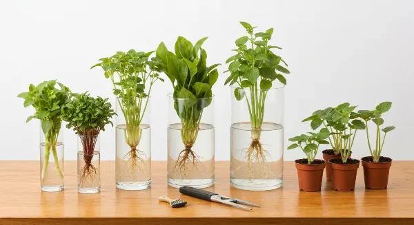 Comparaison visuelle entre une bouture en eau et une bouture en terreau, avec racines visibles