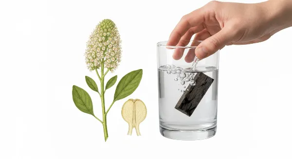 Main changeant l'eau d'une bouture avec charbon de bois pour prévenir le pourrissement