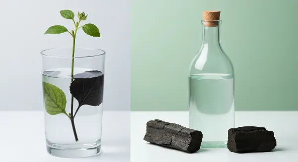 Bouture de plante à tige noircie dans un verre d'eau avec sécateur et charbon de bois