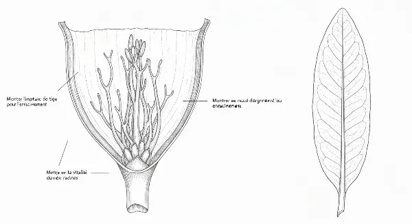 Bouture de plante avec nœud et racines en développement, montrant l'origine de l'enracinement.