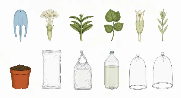 Matériel de bouturage : sécateur, pot, tige, sac plastique et bouteille coupée pour la méthode à l'étouffée.