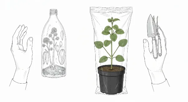 Une bouture de plante sous un sac plastique transparent, créant un microclimat humide pour l'enracinement.