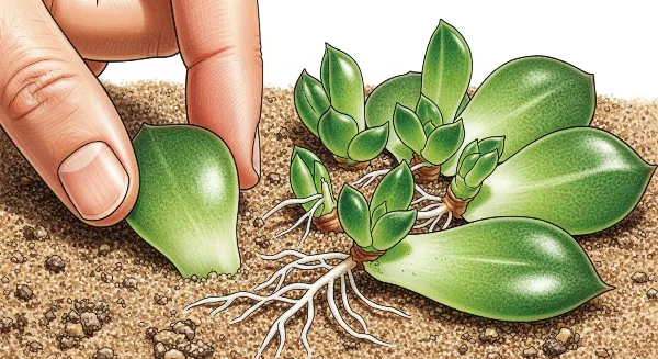 Main posant une feuille de succulente sur un substrat pour bouturage