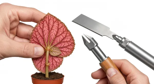 Main tenant une feuille de Begonia Rex prête à être bouturée sur un substrat humide