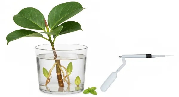 Bouture de Ficus elastica en eau avec racines, plante mère et sécateur