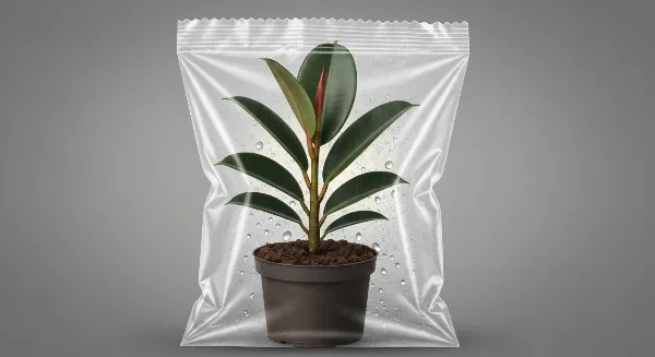 Bouture de Ficus elastica en pot sous un sac plastique transparent pour créer un microclimat humide.