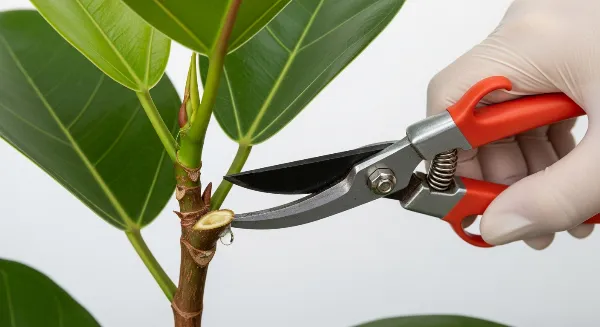 Main gantée coupant une tige de Ficus elastica avec un sécateur désinfecté pour le bouturage.
