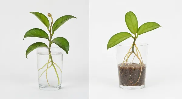 Comparaison de boutures de Hoya enracinées dans l'eau et la sphaigne