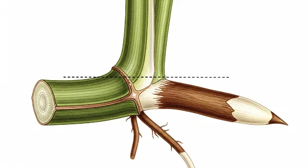 Gros plan sur une tige de Monstera montrant un nœud et une racine aérienne, avec le point de coupe idéal.