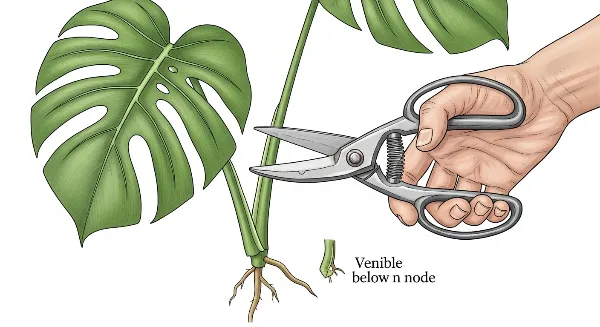 Une main coupe une tige de Monstera sous un nœud avec une racine aérienne pour le bouturage.