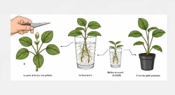 Étapes du bouturage de Peperomia Rotundifolia par feuille, de la coupe à la mise en pot