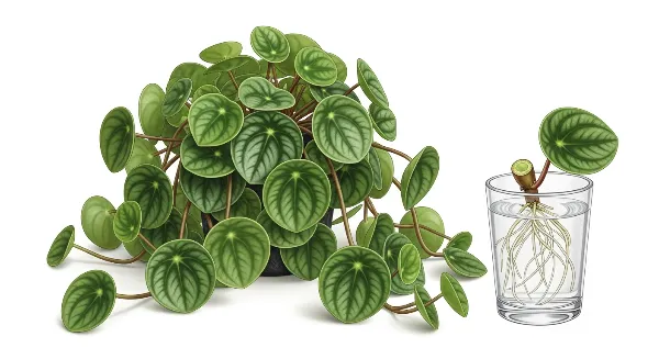 Peperomia Rotundifolia saine avec bouture de feuille enracinée dans l'eau