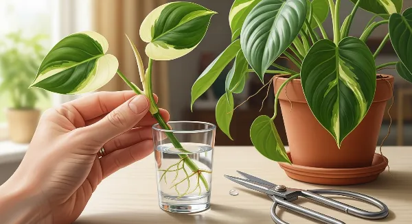 Une main tient une bouture de Philodendron avec racines dans l'eau, près de la plante mère.