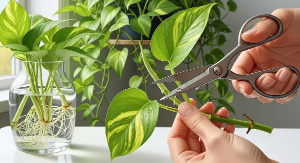 Personne coupant une tige de Pothos pour le bouturage dans l'eau