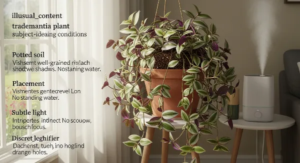 Tradescantia en pot près d'une fenêtre, bénéficiant de lumière indirecte et d'un sol bien drainé.