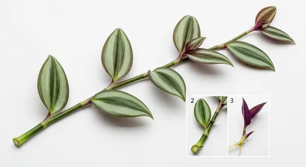 Illustration étape par étape du bouturage d'une Tradescantia, de la coupe à l'enracinement dans l'eau.