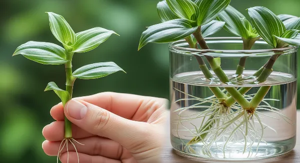 Mains tenant une bouture de Tradescantia avec racines, prête à être plantée dans un pot.
