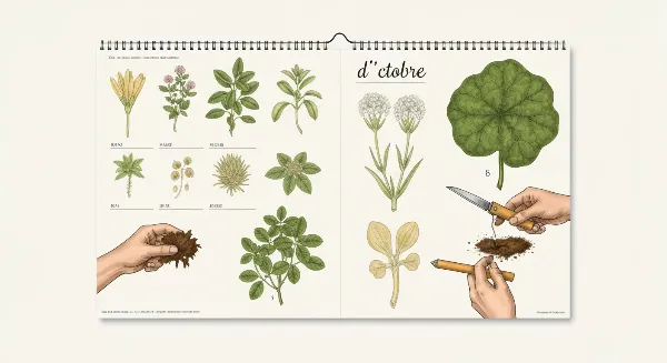 Calendrier indiquant le mois d'octobre comme période idéale pour le bouturage des plantes d'intérieur, avec des outils et des boutures.