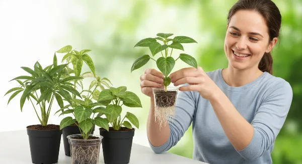 Une personne fière tenant une bouture de plante d'intérieur avec des racines visibles, symbolisant la réussite du bouturage.