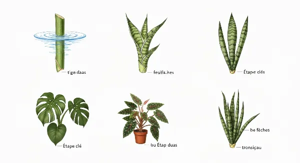 Illustration des méthodes de bouturage : tige en eau, feuille en terre, racine en substrat