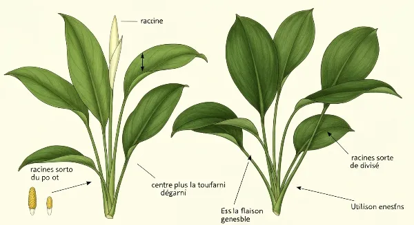 Signes visuels d'un Spathiphyllum nécessitant une division : racines, petites feuilles