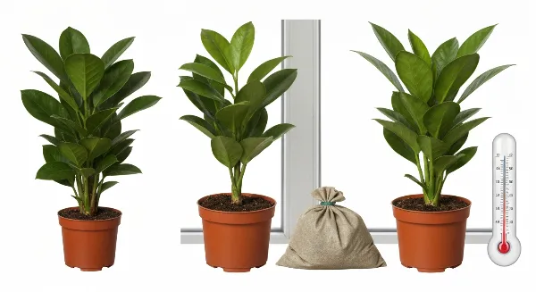 Jeunes boutures de Zamioculcas dans des pots avec substrat drainant et lumière indirecte