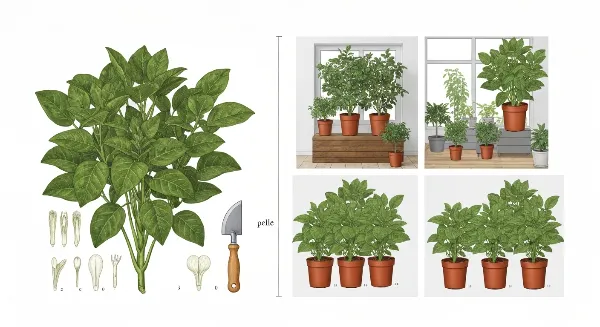 Illustration de la division d'une plante d'intérieur, montrant une plante mère et ses jeunes pousses replantées.