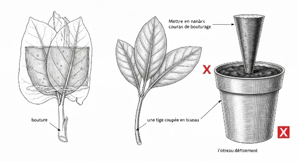Illustration des erreurs de bouturage : feuilles dans l'eau, coupe en biseau, terreau trop humide.