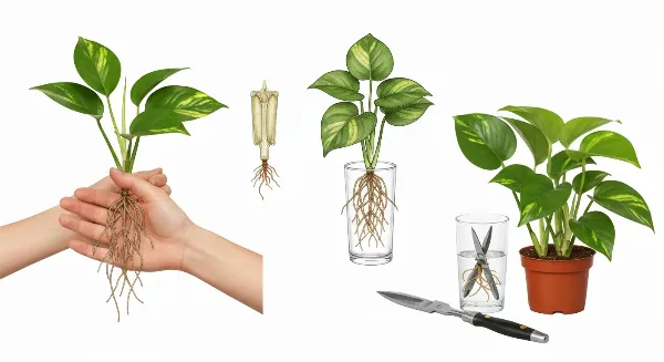 Main tenant une bouture de plante d'intérieur saine avec racines, symbolisant la réussite du bouturage.