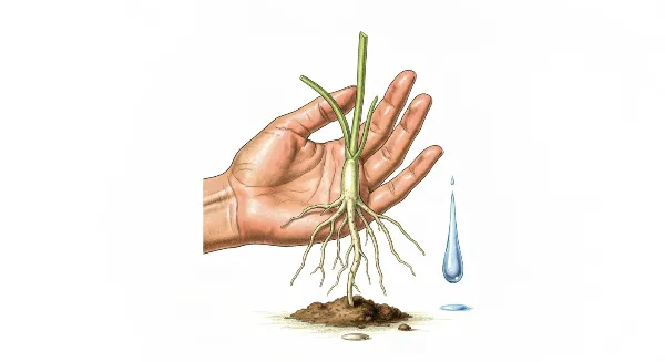 Main tenant une jeune bouture avec des racines, symbolisant le moment de la fertilisation.