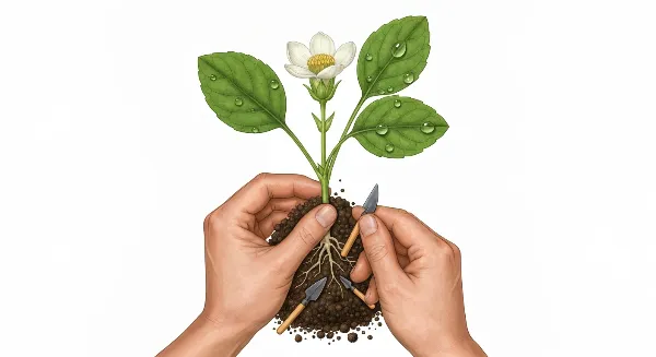 Jeune bouture avec racines naissantes, main tenant la tige