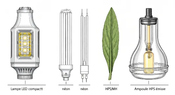 Comparaison visuelle des lampes horticoles LED, fluorescentes et HPS