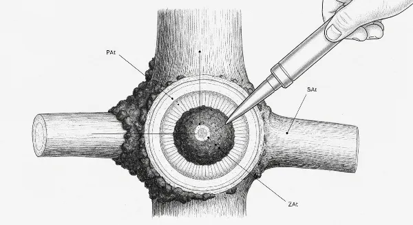 Gros plan sur l'incision de l'écorce d'une tige de ficus avec un cutter, et l'application de terreau humide