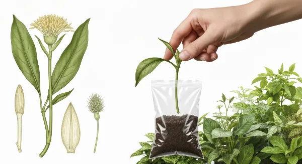 Une main réalise un marcottage aérien sur une plante d'intérieur, avec un sachet transparent autour de la tige