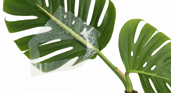 Une tige de Monstera en cours de marcottage aérien, avec sphaigne et film plastique.