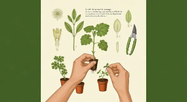 Mains préparant une bouture de plante avec un sécateur, symbolisant la multiplication végétale.