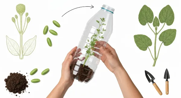 Une personne fabrique une mini-serre avec une bouteille en plastique pour ses boutures et semis.