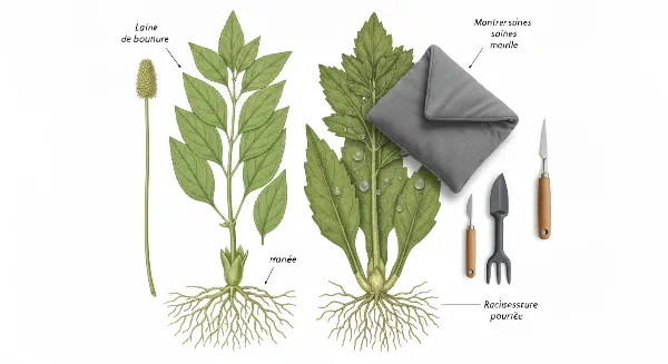 Bouture de plante saine et bouture moisie, illustrant la prévention et le traitement