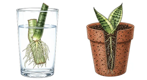 Boutures de sansevieria enracinées dans l'eau et dans la terre, montrant les racines.