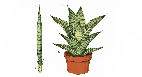 Nouvelle pousse de sansevieria émergeant d'une bouture de feuille, symbolisant la réussite.