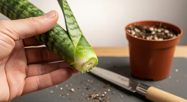 Main préparant une feuille de sansevieria pour le bouturage, avec des outils de jardinage.