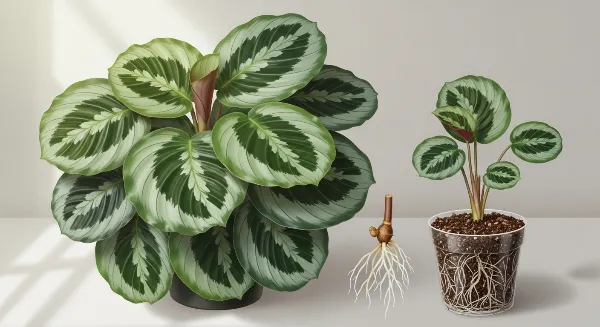 Calathea luxuriant et une jeune pousse issue de la division de touffe, symbolisant la multiplication réussie.