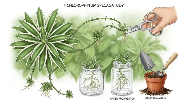 Une personne bouturant un rejet de Chlorophytum dans un verre d'eau, avec la plante mère en arrière-plan.