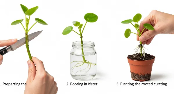 Étapes de bouturage d'un rejet de Pilea Peperomioides, avec coupe, enracinement en eau et plantation en terreau.