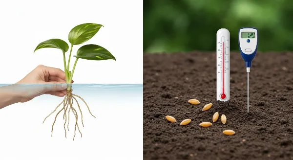 Comparaison visuelle entre le bouturage facile d'une plante et le semis plus complexe d'une graine.