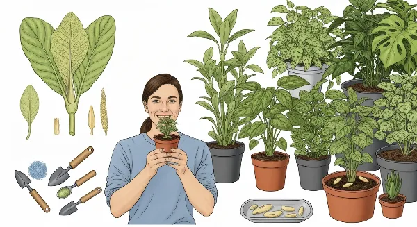 Femme souriante tenant une jeune plante en pot, entourée de boutures et de semis de plantes d'intérieur.