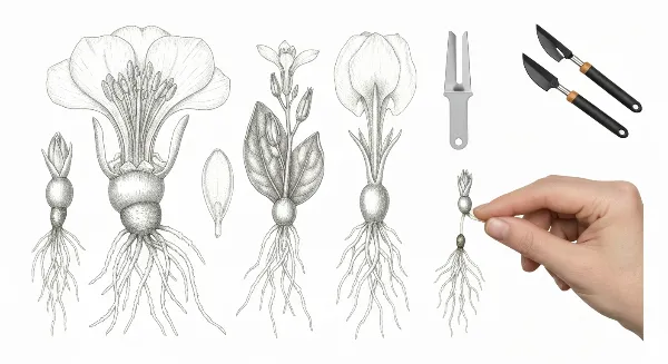 Une bouture de plante avec des racines bien développées, prête à être plantée dans un pot de terreau.